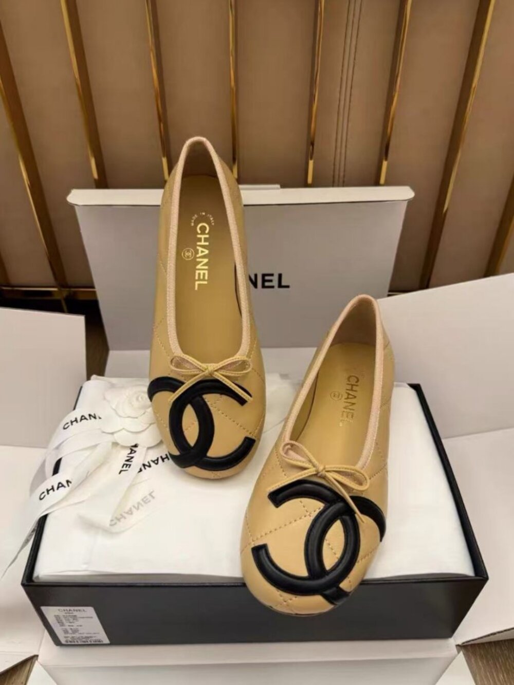 CHANEL Beige Quilted CC Logo Bow Ballet Flat Shoes